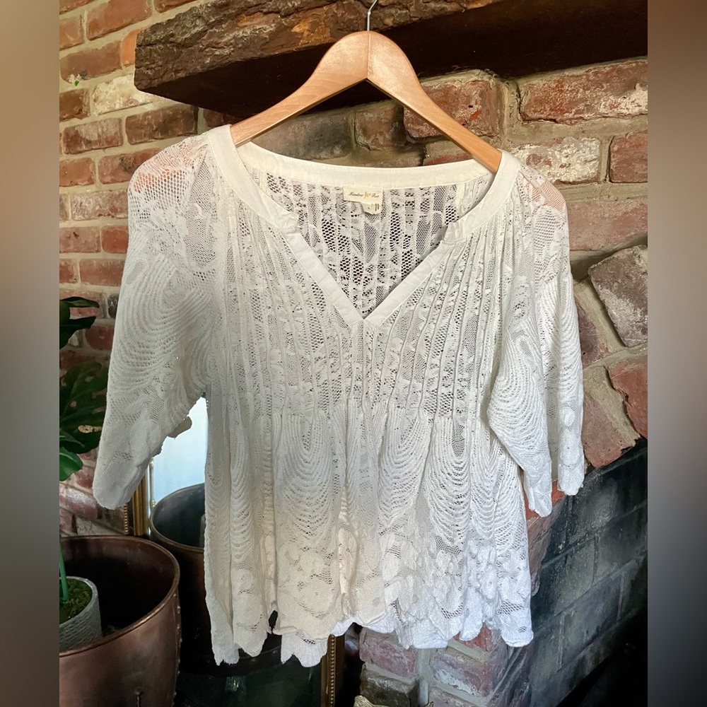 Anthropologie | Meadow Rue Danut White Crochet Stretchy Lace Babydoll Top Size S